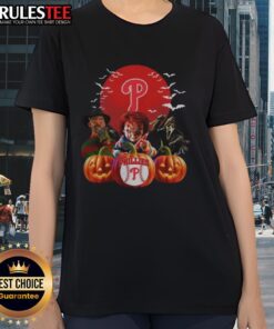 Awesome Philadelphia Phillies MLB Halloween ladies tee featuring a spooky design for fans celebrating the holiday.