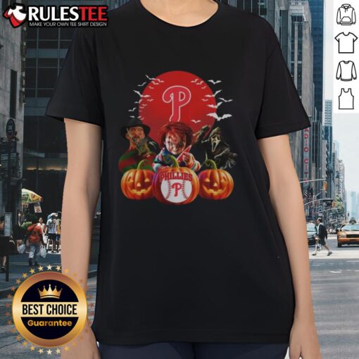 Awesome Philadelphia Phillies MLB Halloween ladies tee featuring a spooky design for fans celebrating the holiday.