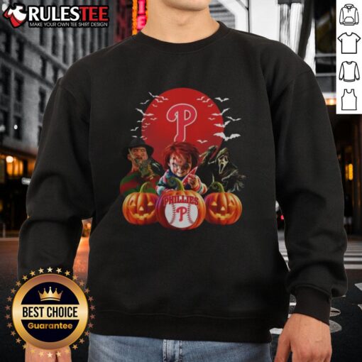 Awesome Philadelphia Phillies MLB horror movie Halloween sweatshirt featuring spooky graphics and team logo.