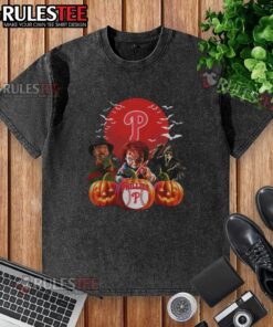 Awesome Philadelphia Phillies MLB horror movie Halloween washed t-shirt featuring spooky graphics and team logo.