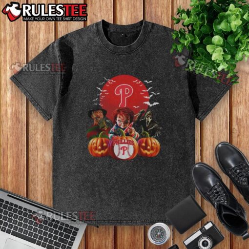 Awesome Philadelphia Phillies MLB horror movie Halloween washed t-shirt featuring spooky graphics and team logo.