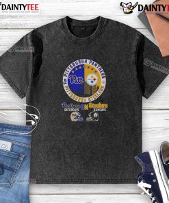 Alt Text: Awesome Pittsburgh Panthers Saturdays and Pittsburgh Steelers Sundays match day football logo washed t-shirt design.