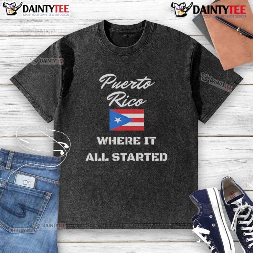 Alt Text: Awesome Puerto Rico flag washed t-shirt showcasing vibrant colors and design, perfect for proud island fans.