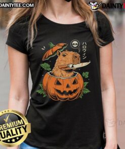Awesome Pumpkin Capybara Slayer Ladies Tee featuring a cute capybara graphic and festive pumpkin design.