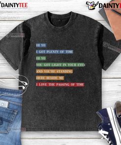 Awesome retro colorful song lyrics graphic on a washed t-shirt, capturing a vibrant, nostalgic style.