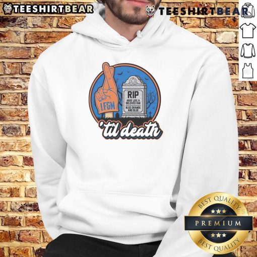 Awesome Rip Here Lies A Beloved Fan Bled Orange And Blue Til Death Hoodie, showcasing vibrant colors and unique design.