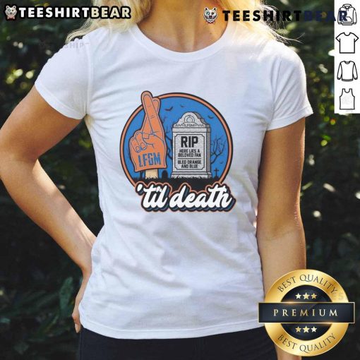 Awesome Rip Here Lies A Beloved Fan Bled Orange And Blue Ladies Tee - Perfect for dedicated fans and stylish comfort.
