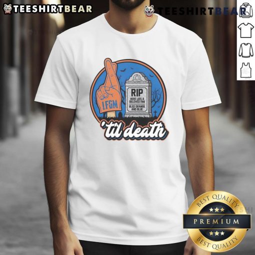 Alt Text: Awesome Rip Here Lies A Beloved Fan Bled Orange And Blue Til Death T-Shirt design showcasing vibrant colors and fan spirit.