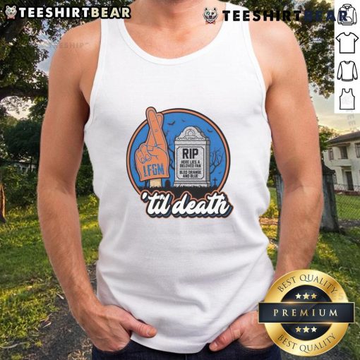 Alt Text: Awesome Rip Here Lies A Beloved Fan Orange and Blue Tank Top showcasing team spirit and dedication.