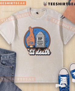 Awesome Rip Here Lies A Beloved Fan Bled Orange And Blue T-Shirt displayed on a hanger, showcasing vibrant colors and design.