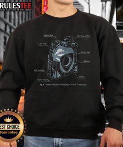 Awesome rotary engine diagram on an eccentrically designed sweatshirt, showcasing intricate mechanical details.