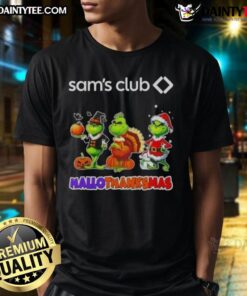Awesome Sam Club X Grinch Cosplay Happy Hallothanksmas T-Shirt featuring vibrant colors and festive design for holiday celebrations.