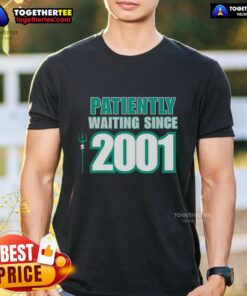 Alt Text: Awesome Seattle Mariners t-shirt featuring 'Patiently Waiting Since 2001' design, perfect for loyal fans.
