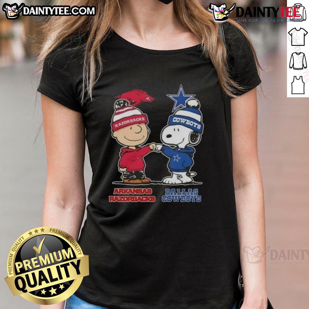 Awesome Snoopy And Charlie Brown Arkansas Razorbacks X Dallas Cowboys Ladies-Tee Awesome Snoopy and Charlie Brown Arkansas Razorbacks X Dallas Cowboys ladies tee showcasing team spirit and fun design.