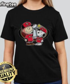 Alt Text: Awesome Snoopy and Charlie Brown Tee with 'God First, Family Second, 49ers' design for ladies' football fans.