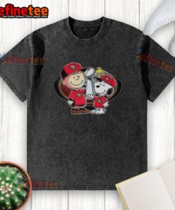 Alt Text: Awesome Snoopy and Charlie Brown 'God First, Family Second, 49ers' washed t-shirt for football fans.