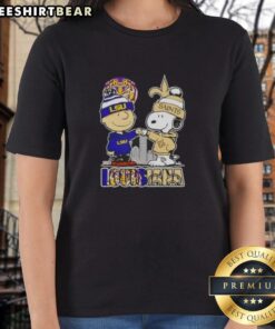 Alt Text: Awesome Snoopy and Charlie Brown LSU Tigers x New Orleans Saints skyline ladies tee, perfect for fans.