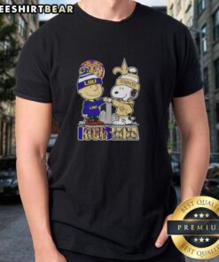 Awesome Snoopy and Charlie Brown LSU Tigers x New Orleans Saints skyline t-shirt featuring vibrant graphics and team logos.