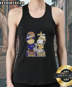 Awesome Snoopy and Charlie Brown tank top featuring LSU Tigers and New Orleans Saints skyline design.