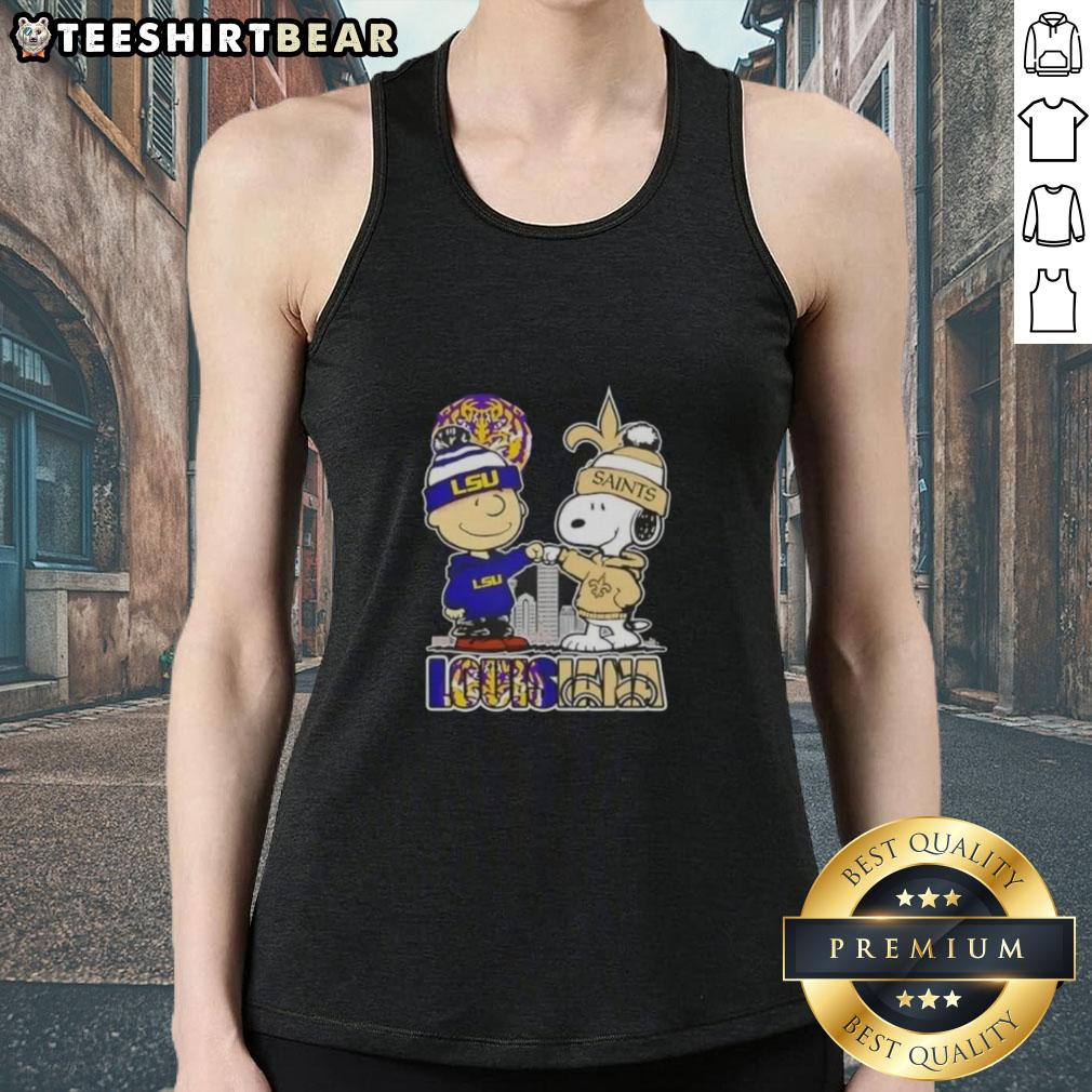 Awesome Snoopy and Charlie Brown Louisiana LSU Tigers x New Orleans Saints Skyline Tank Top Awesome Snoopy and Charlie Brown tank top featuring LSU Tigers and New Orleans Saints skyline design.