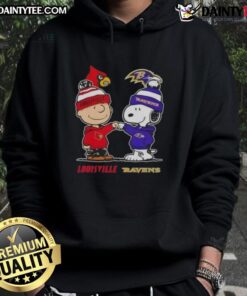 Alt Text: Awesome Snoopy and Charlie Brown hoodie featuring Louisville Cardinals and Baltimore Ravens designs.