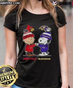 Awesome Snoopy and Charlie Brown ladies tee featuring Louisville Cardinals and Baltimore Ravens design.