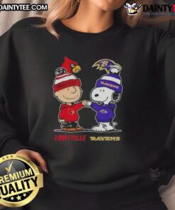 Alt Text: Awesome Snoopy and Charlie Brown Louisville Cardinals x Baltimore Ravens sweatshirt featuring vibrant graphics.