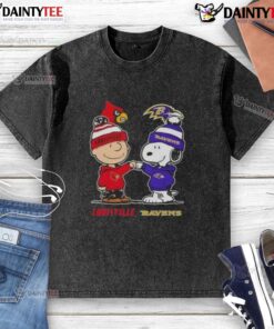 Alt Text: Awesome Snoopy and Charlie Brown Louisville Cardinals x Baltimore Ravens washed t-shirt featuring vibrant graphics.