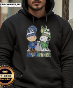 Awesome Snoopy and Charlie Brown hoodie featuring Milwaukee Brewers and Bucks skyline design, perfect for sports fans.