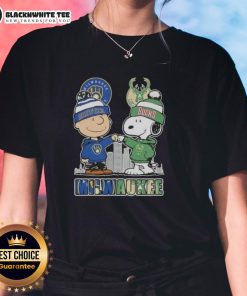 Alt Text: Awesome Snoopy and Charlie Brown Milwaukee Sports Brewers X Bucks skyline ladies tee featuring iconic cartoon characters.
