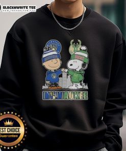 Awesome Snoopy and Charlie Brown sweatshirt featuring Milwaukee Sports teams Brewers and Bucks skyline design.