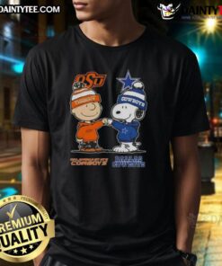 Awesome Snoopy and Charlie Brown Oklahoma State Cowboys X Dallas Cowboys T-Shirt featuring vibrant graphics and team logos.