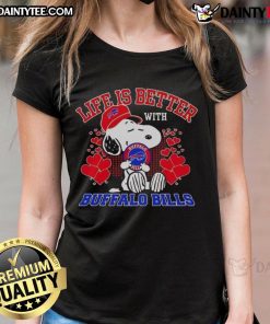 Awesome Snoopy Buffalo Bills NFL tee for ladies with 'Life is Better with Bills Mafia' slogan, perfect for fans.