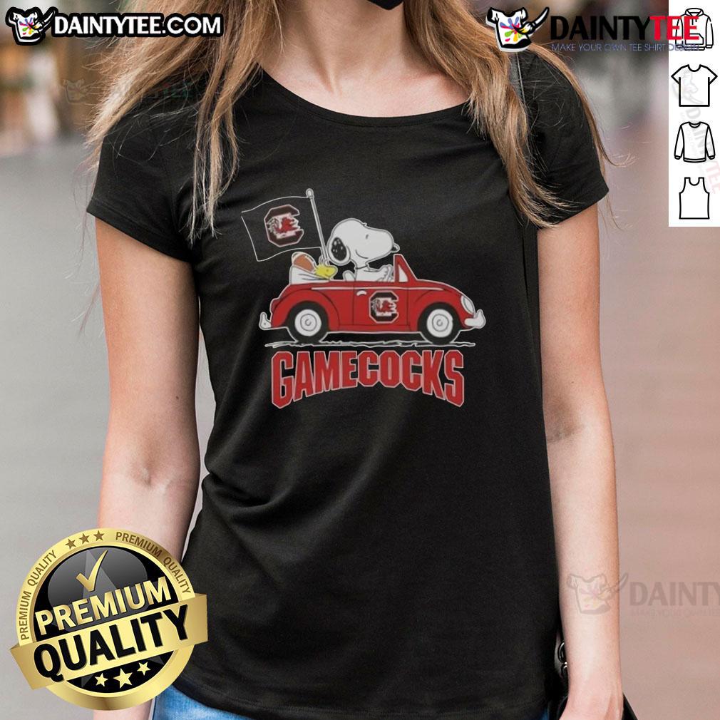 Awesome Snoopy Driving Car South Carolina Gamecocks Football Ladies Tee Alt Text: Snoopy driving a car in a South Carolina Gamecocks football ladies tee, showcasing team spirit and style.