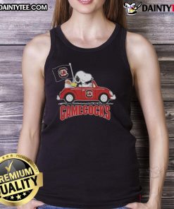 Alt Text: Snoopy driving a car in a South Carolina Gamecocks football tank top, showcasing a fun fan spirit.