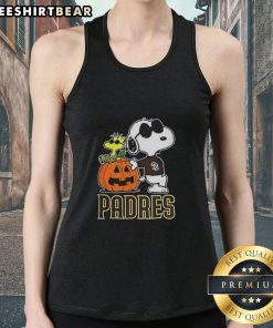Alt Text: Awesome Snoopy San Diego Padres MLB pumpkin Halloween tank top featuring Peanuts cartoon design for 2025.