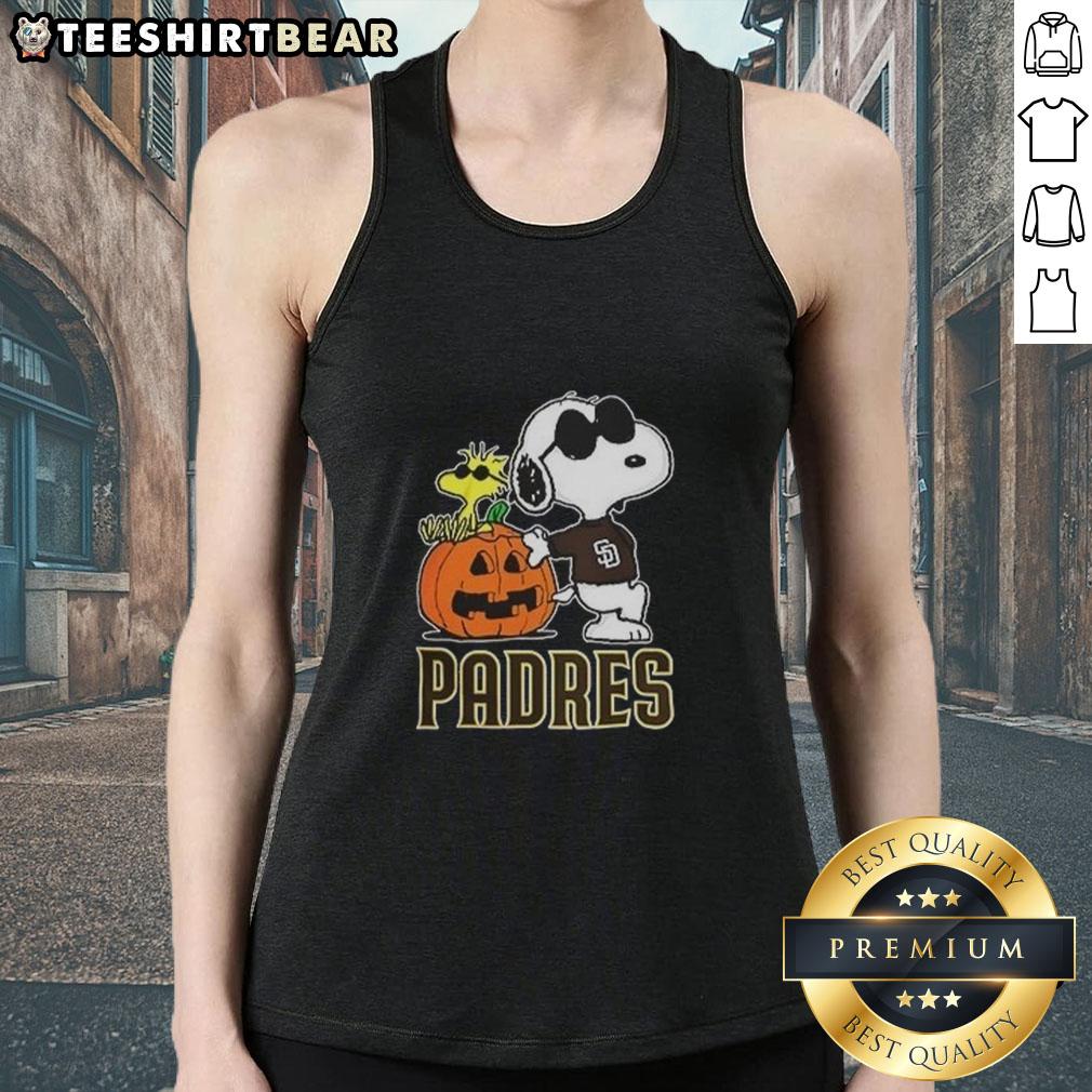 Awesome Snoopy San Diego Padres MLB Pumpkin Halloween Peanuts Cartoon 2025 Tank Top Alt Text: Awesome Snoopy San Diego Padres MLB pumpkin Halloween tank top featuring Peanuts cartoon design for 2025.
