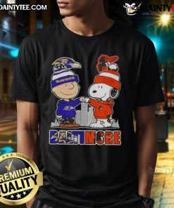Awesome Snoopy X Charlie Brown Baltimore Sports Ravens X Orioles Skyline T-Shirt featuring iconic characters and city skyline.