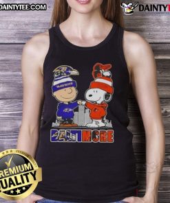 Awesome Snoopy X Charlie Brown tank top featuring Baltimore Ravens and Orioles skyline design.