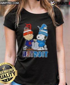 Awesome Snoopy X Charlie Brown Detroit Sports Tigers X Lions Skyline ladies tee featuring iconic cartoon characters.