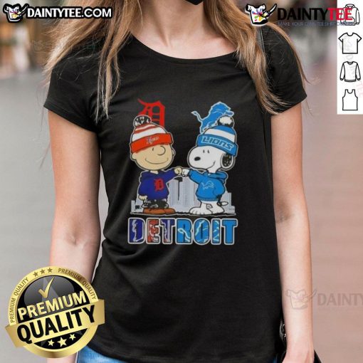 Awesome Snoopy X Charlie Brown Detroit Sports Tigers X Lions Skyline ladies tee featuring iconic cartoon characters.