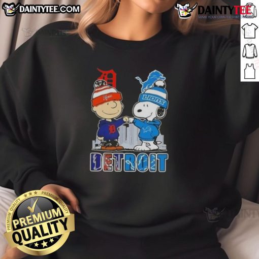 Awesome Snoopy X Charlie Brown Detroit Sports Tigers X Lions Skyline Sweatshirt featuring iconic characters and city skyline.