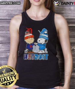 Awesome Snoopy x Charlie Brown tank top featuring Detroit Tigers and Lions skyline design, perfect for sports fans.
