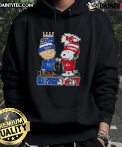 Alt Text: Awesome Snoopy X Charlie Brown Kansas City Sports Royals X Chiefs Skyline Hoodie featuring iconic characters.