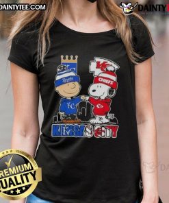 Awesome Snoopy X Charlie Brown Kansas City Sports Royals X Chiefs skyline ladies tee showcasing iconic characters.
