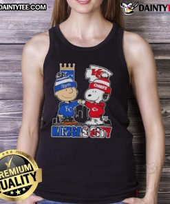 Awesome Snoopy x Charlie Brown tank top featuring Kansas City Royals and Chiefs skyline design.