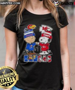 Awesome Snoopy and Charlie Brown Kansas Sports Jayhawks Chiefs skyline ladies tee, perfect for fans and fashion lovers.