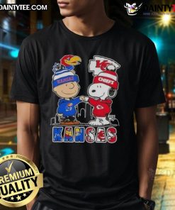 Awesome Snoopy X Charlie Brown Kansas Sports Jayhawks X Chiefs Skyline T-Shirt featuring vibrant graphics and team spirit.