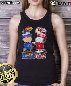 Alt Text: Awesome Snoopy X Charlie Brown tank top featuring Kansas Jayhawks and Chiefs skyline design.