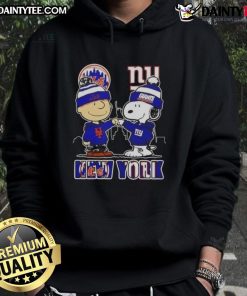 Awesome Snoopy X Charlie Brown hoodie featuring New York Mets and Giants skyline design, perfect for sports fans.